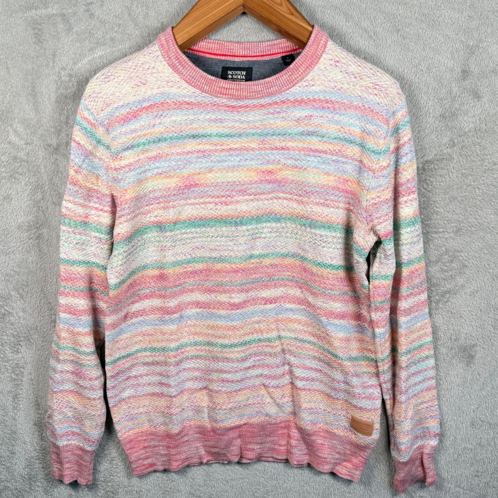 Scotch & Soda Sweater Men L Multi L/S Crewneck Striped Knit Pullover Pink Green